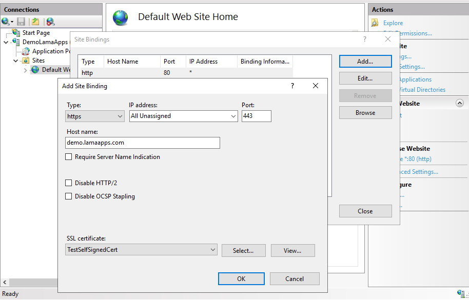 Self signed  certificate in IIS